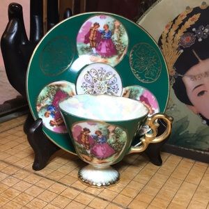 Lusterware Cup Saucer Set Japan Fragonard Couple Decoration Green, Gold Trim EAC